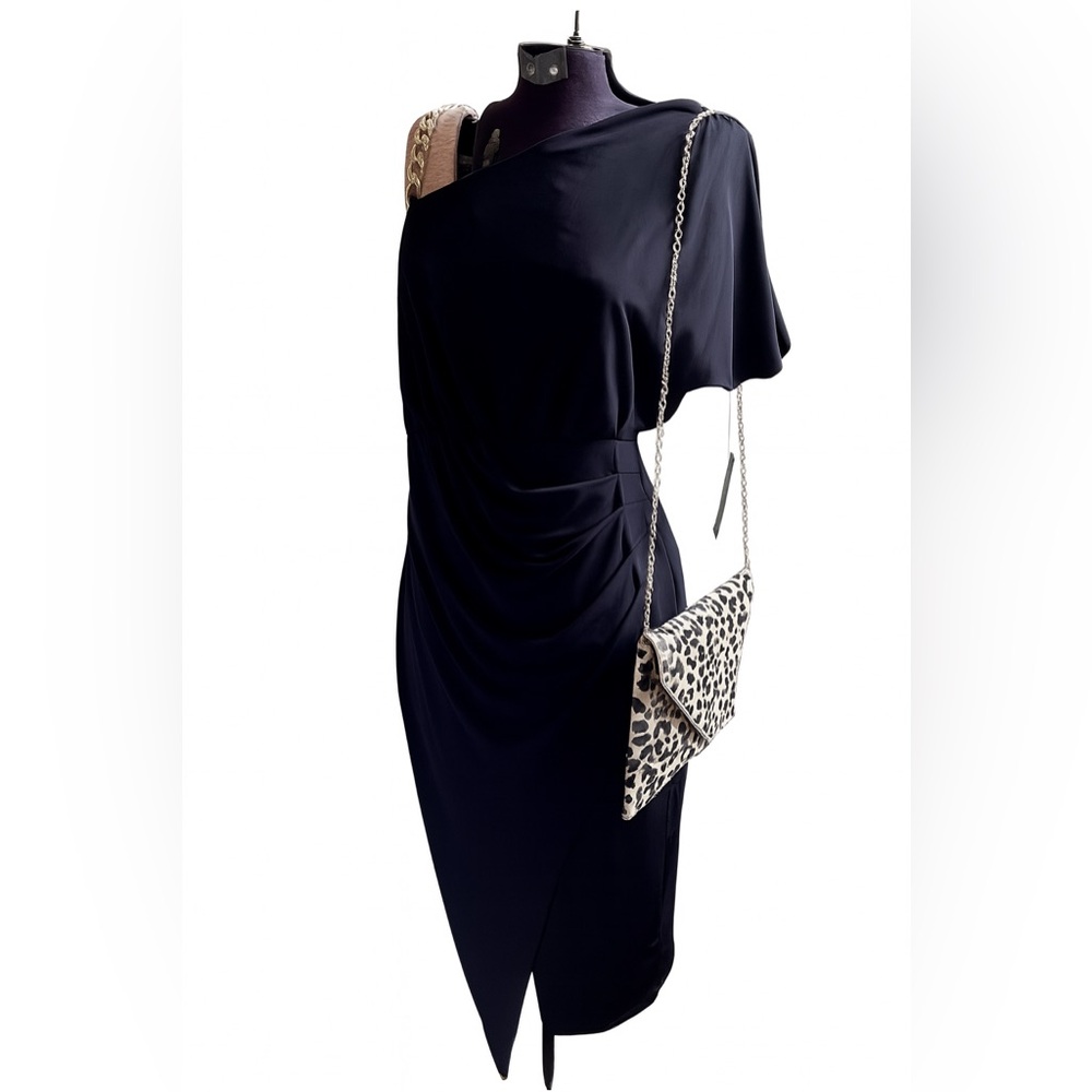 GUESS One-Shoulder Black Ruched Midi Dress — Size 8 (NWT)